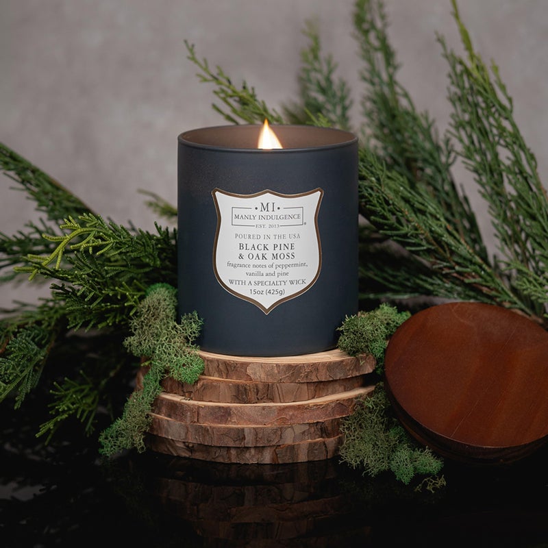 Manly Indulgence Black Pine Oakmoss Scented Candles for Men, 15 oz Wooden Wick, Premium Soy Blend Wax, 60H Burn, Candles for Home Scented - Made in The USA - Image 3